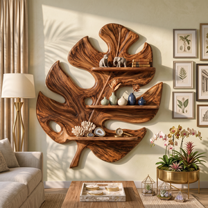 Tropical Leaf Solid Wood Wall Shelf with Sculptural Botanical Design