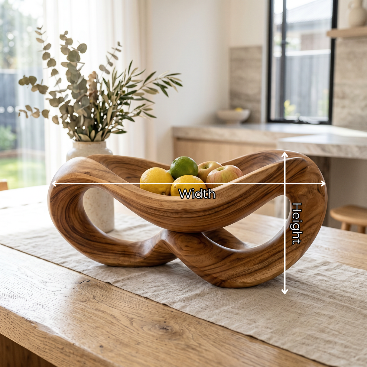 Solid Wood Infinity Curve Fruit Bowl with Open Loop Sculptural Base