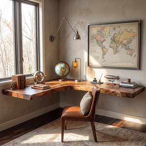 Live Edge Solid Wood Floating Desk with L Shaped Corner Design