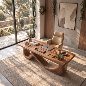 Organic Solid Wood Executive Desk with Sculptural Loop Base