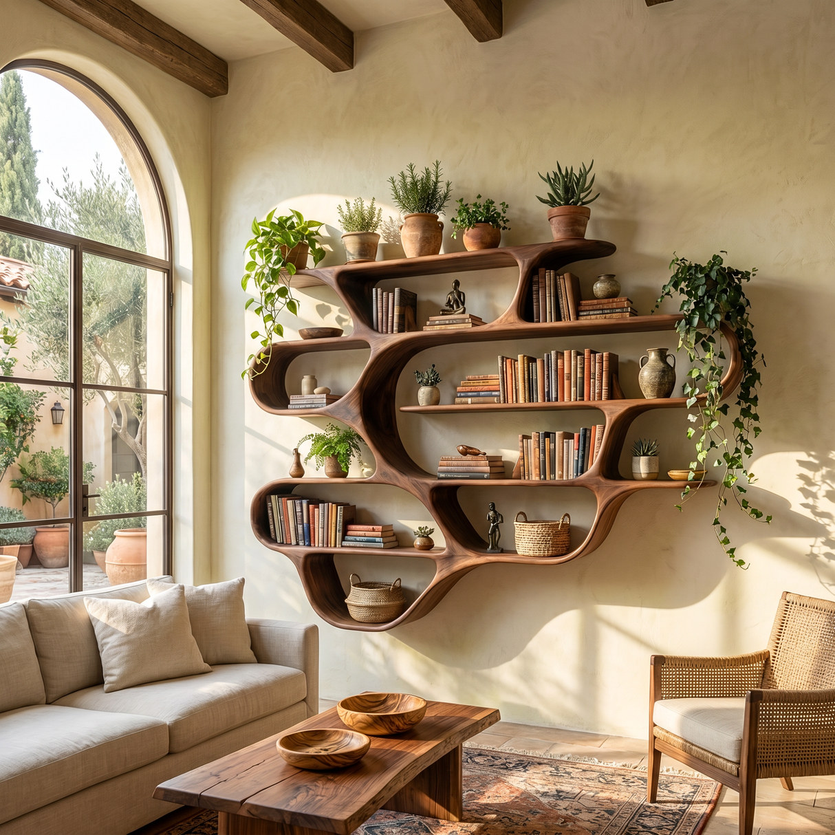 Large Organic Solid Wood Wall Bookshelf with Wave Shelf Compartments