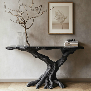 Sculptural Black Wood Console Table with Twisted Root Base
