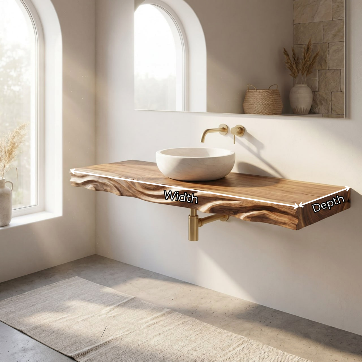 Live Edge Floating Wood Bathroom Vanity Shelf with Organic Grain Detail
