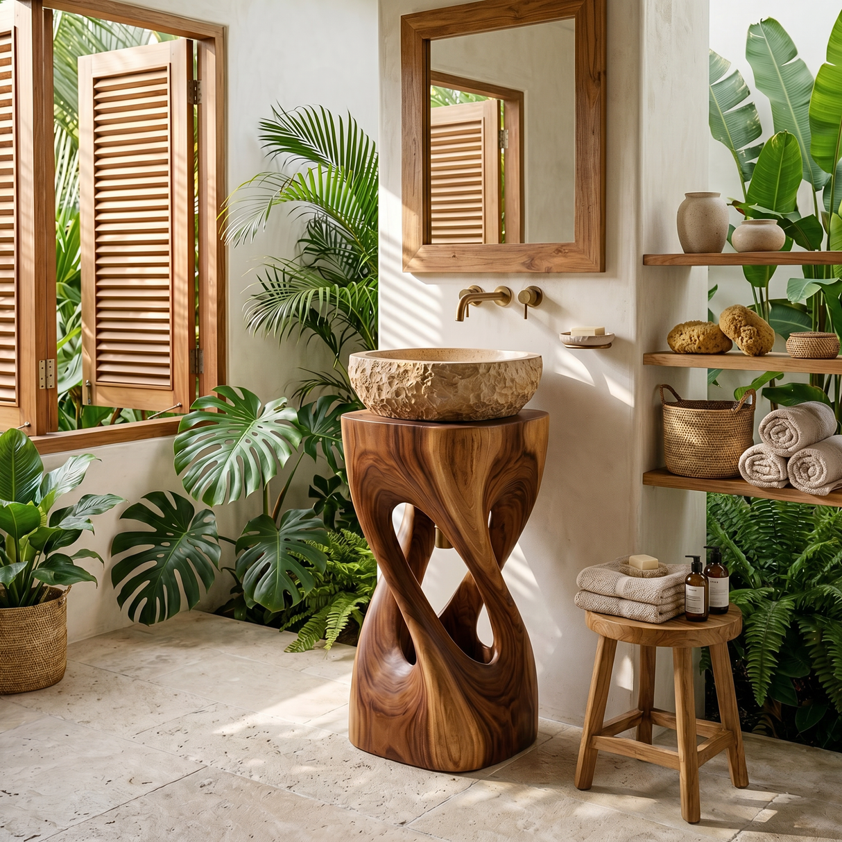 Sculptural Twisted Wood Pedestal Vanity with Organic Open Form