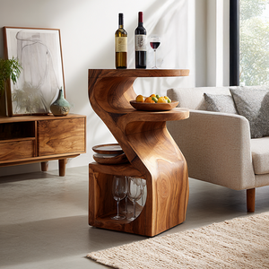 Solid Wood Curved Accent Table with Integrated Shelves for Modern Home