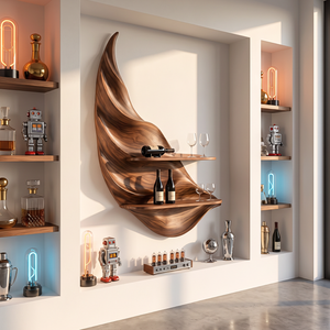 Twisting Leaf Solid Wood Wall Wine Holder with Two Display Shelves