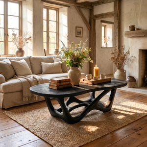 Cottage Solid Wood Coffee Table with Sculpted Open Base and Rounded Rectangular Top