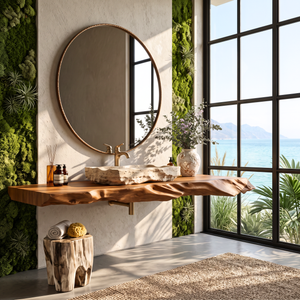Solid Wood Floating Bathroom Vanity Shelf with Sculptural Live Edge for Modern Decor