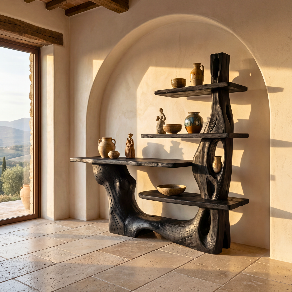 Sculptural Solid Wood Console Table with Tiered Shelving Organic Entryway Table