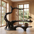 Organic Tree Root Office Desk With Floating Shelf And Hanging Lamp