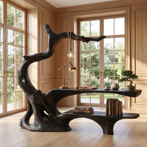 Organic Tree Root Office Desk With Floating Shelf And Hanging Lamp