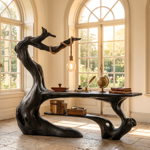 Organic Wood Desk With Hanging Lamp Sculptural Modern Workspace Furniture