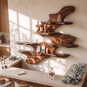 Flowing Wave Solid Wood Wall Wine Rack with Tiered Bottle and Glass Shelves