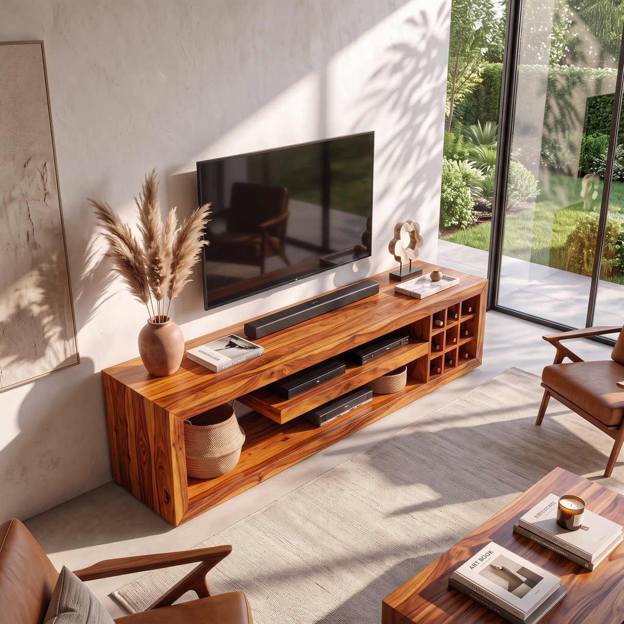 TV Console Solid Wood with Open Media Shelves and Side Cubby Storage for Living Room