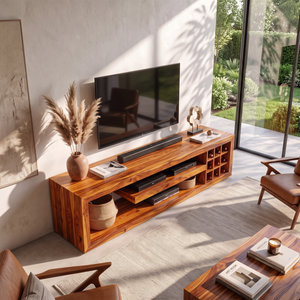 TV Console Solid Wood with Open Media Shelves and Side Cubby Storage for Living Room