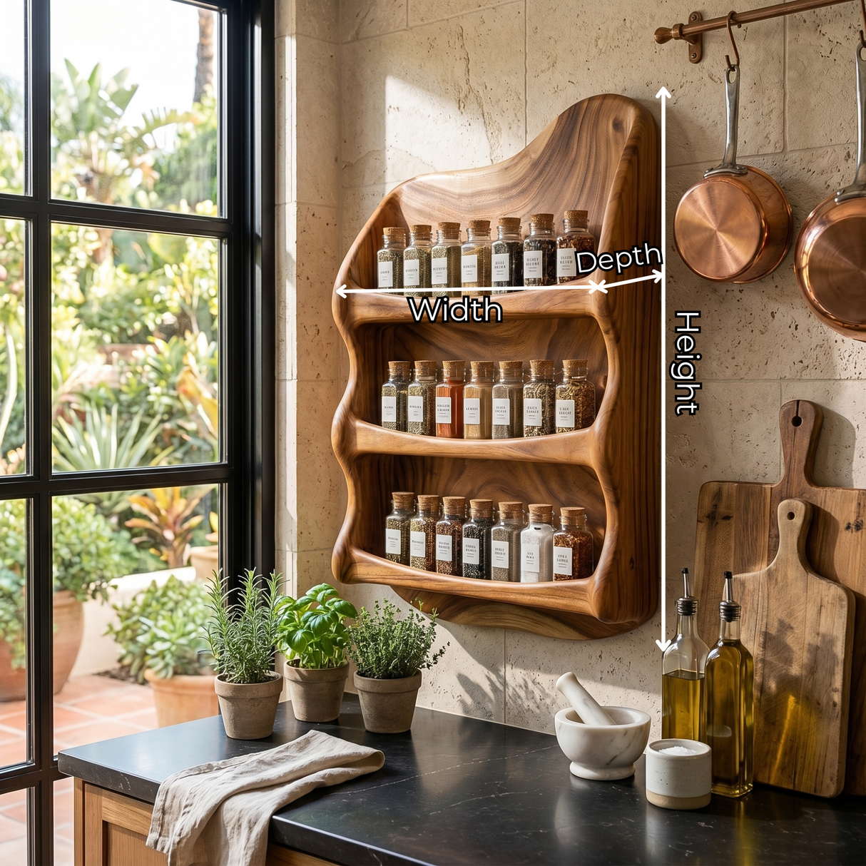 Handcrafted Solid Wood Wall-Mounted Spice Shelf with Wavy Side Frame