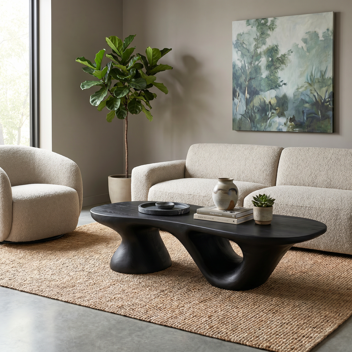 Solid Wood Coffee Table with Dual Sculptural Hollow Base