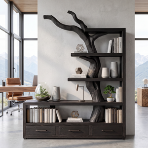 Solid Wood Bookshelf with Tree Trunk Form and Storage Drawers Organic Modern Display Shelf Unit