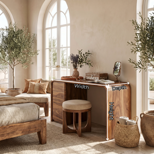Rounded Solid Wood Vanity Table with Waterfall Side and Drawer Storage