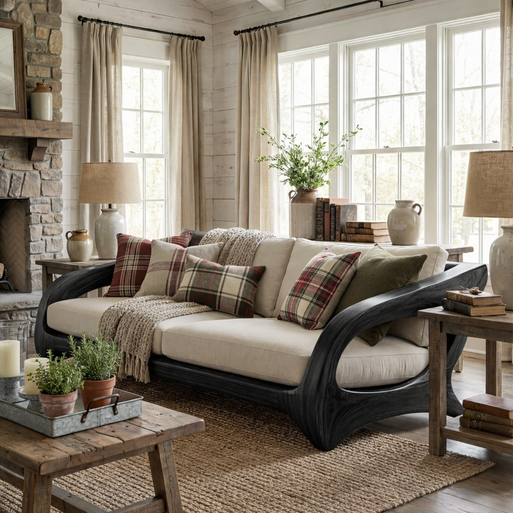 Solid Wood Sofa with Sculptural Open Frame for Reading Room
