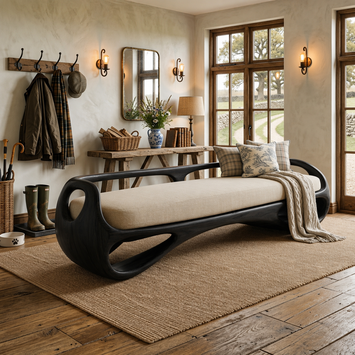 Organic Solid Wood Bench with Open Sculptural Frame for Bedroom