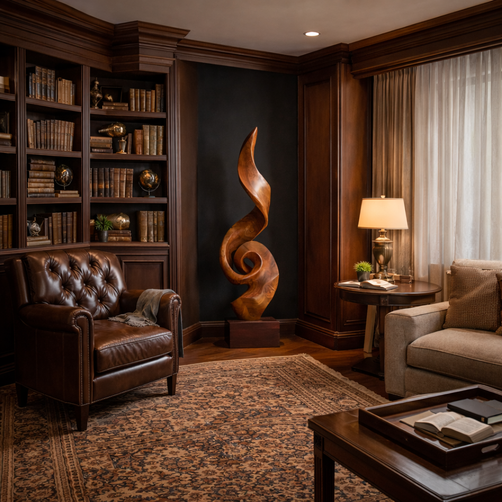 Tall Solid Wood Spiral Flame Sculpture with Plinth for Modern Interiors