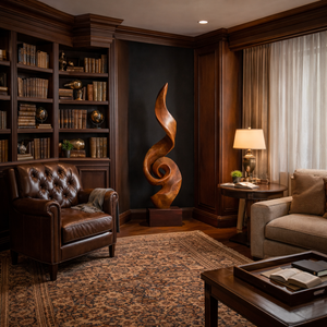 Tall Solid Wood Spiral Flame Sculpture with Plinth for Modern Interiors