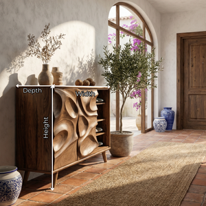 Handcrafted Solid Wood Shoe Cabinet with Sculptural Carved Doors for Entryways