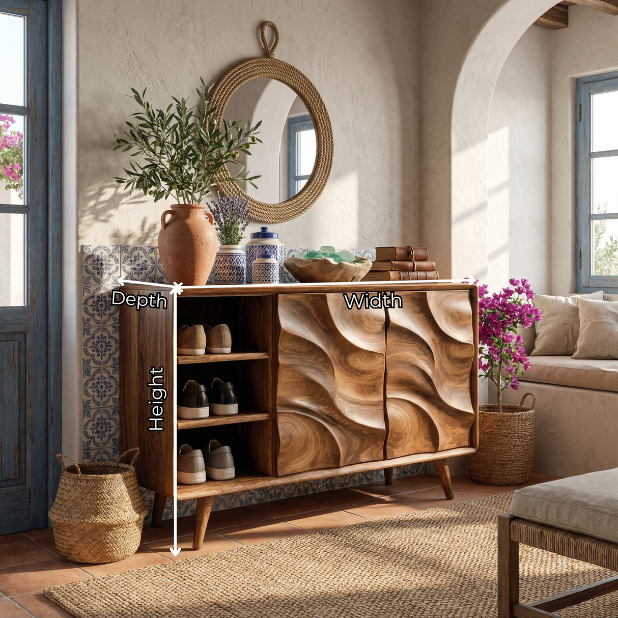 Handcrafted Solid Wood Shoe Cabinet with Sculptural Carved Doors and Open Side Shelves for Entryway