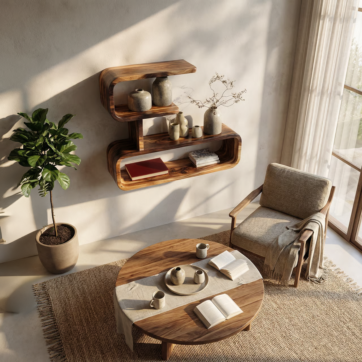 Modern Solid Wood Geometric Wall Shelf with Rounded Edges