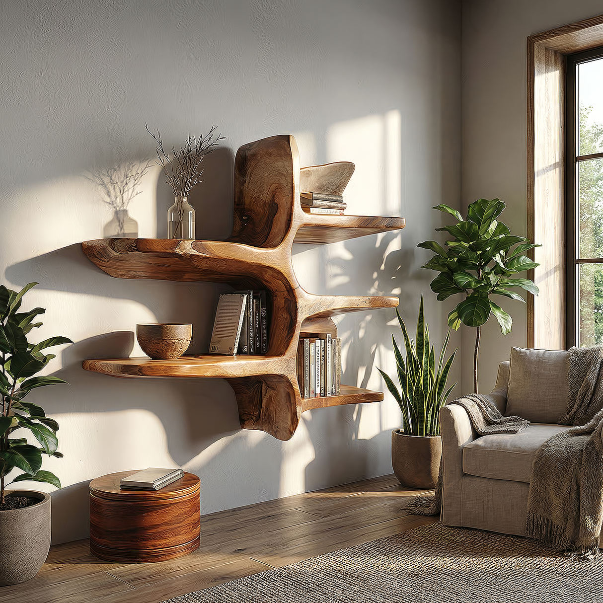 Sculptural Solid Wood Wall Bookshelf with Organic Branch Design
