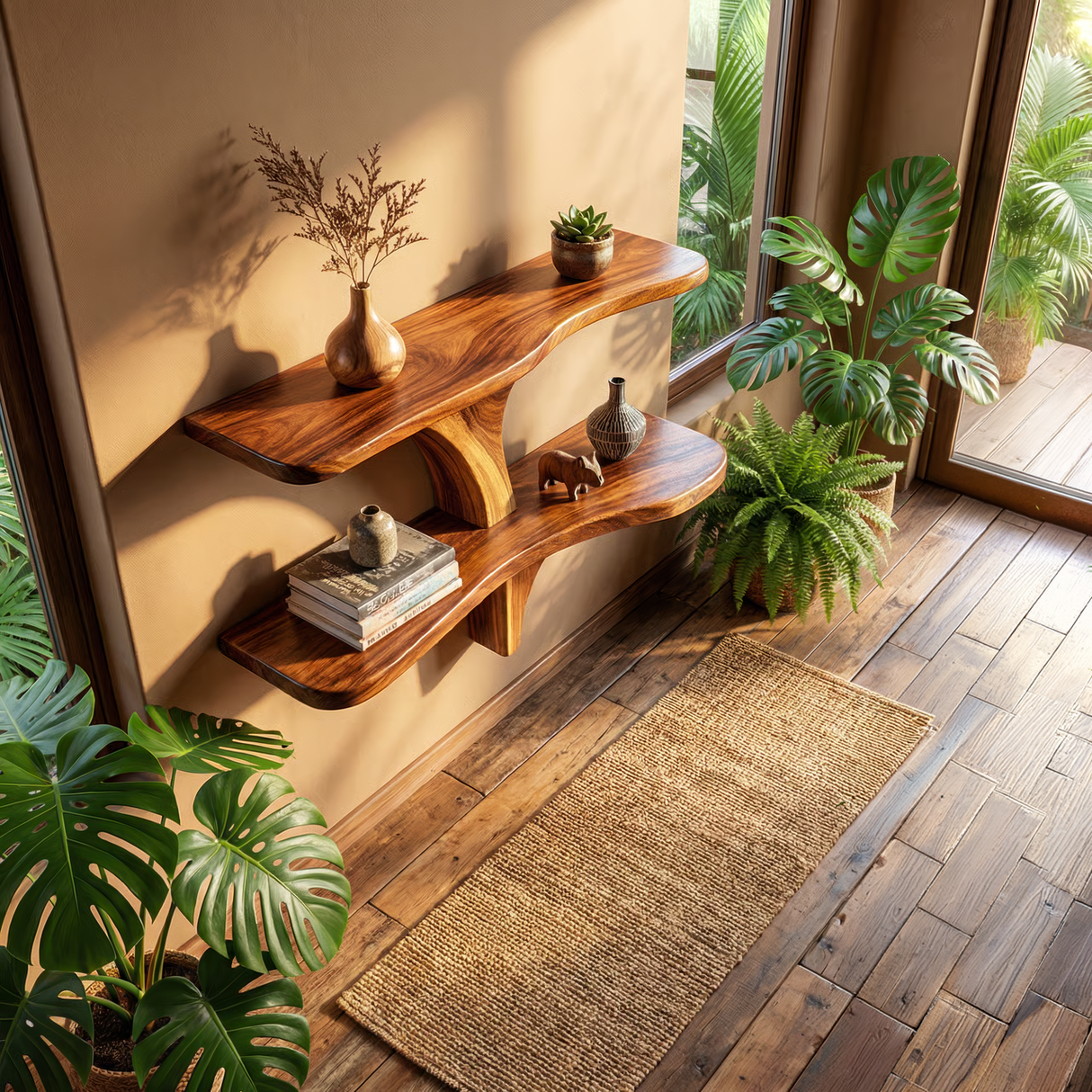 Handcrafted Solid Wood T-Shape Floating Wall Shelf