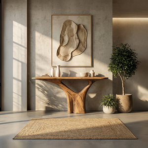 Solid Wood Sculptural Console Table with Tree Base