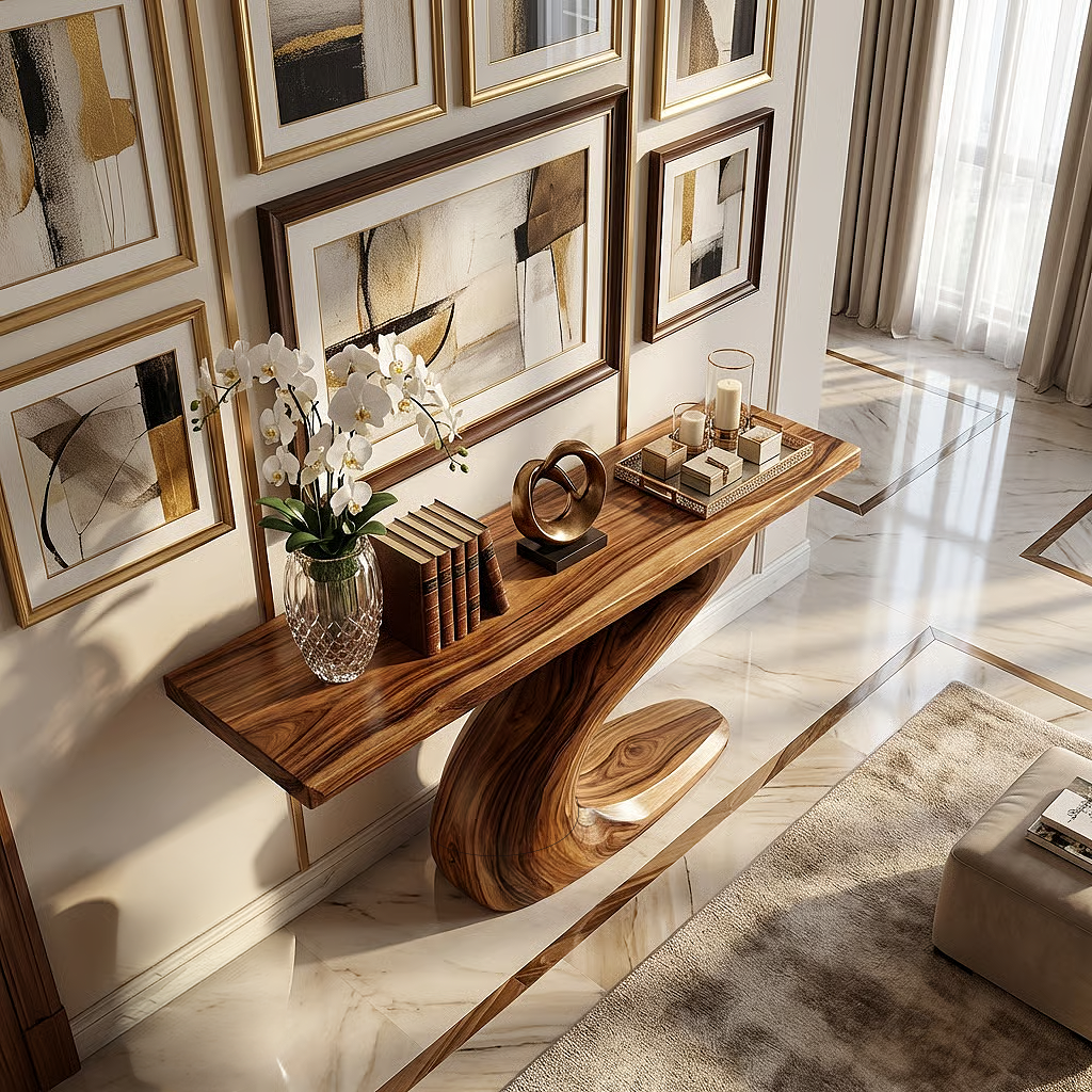 Floating Solid Wood Console Table with Curved Sculptural Base