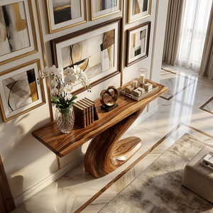 Floating Solid Wood Console Table with Curved Sculptural Base