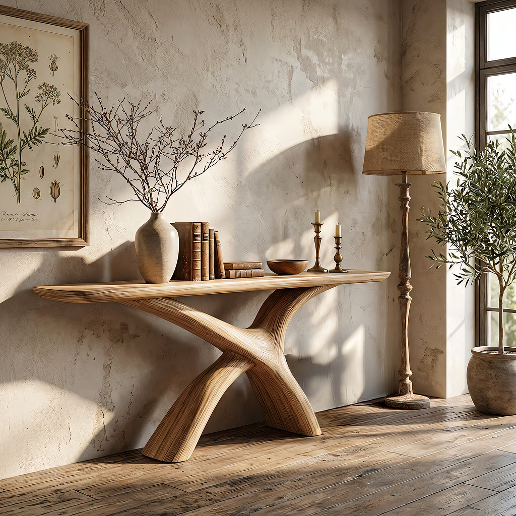 Sculpted Cross-Leg Solid Wood Console Table in Natural Finish