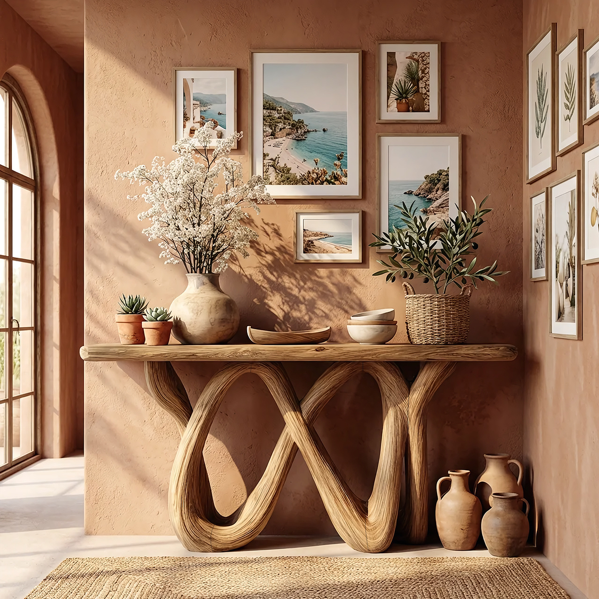 Wave Sculpted Solid Wood Console Table in Natural Oak Finish