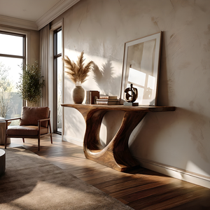 Organic Curve Solid Wood Console Table with Sculpted Pedestal Base