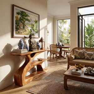 Sculptural Solid Wood Console with Integrated Shelf