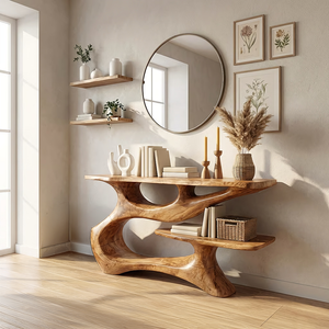 Organic Solid Wood Console Table with Floating Shelf
