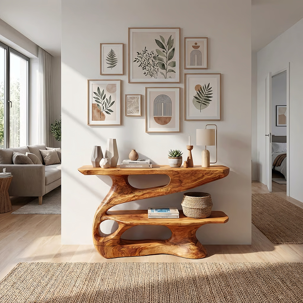 Modern Sculpted Wood Console Table with Open Shelf