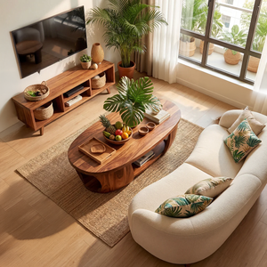 Solid Wood Oval Coffee Table with Sculptural Base