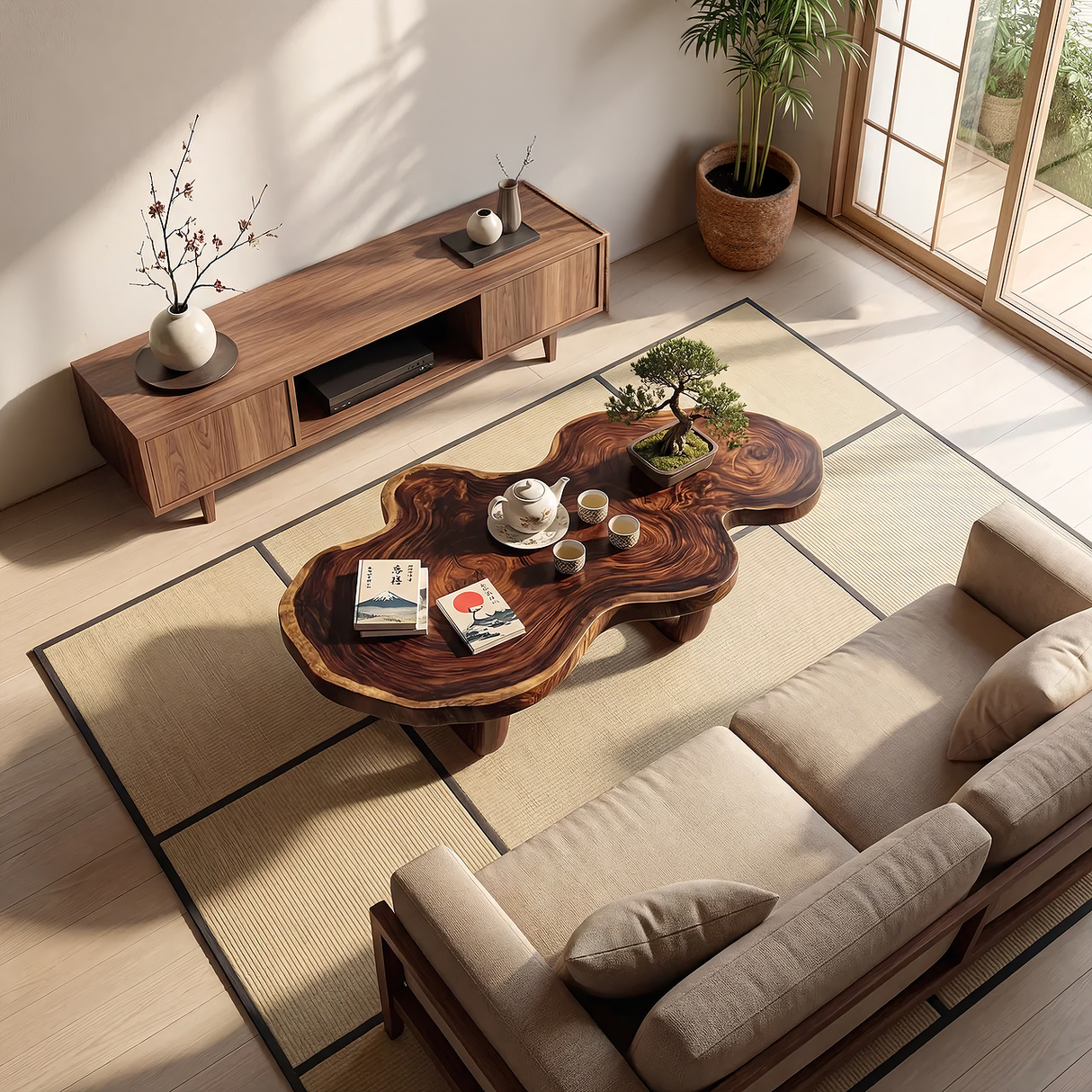 Sculptural Solid Wood Coffee Table with Curved Base