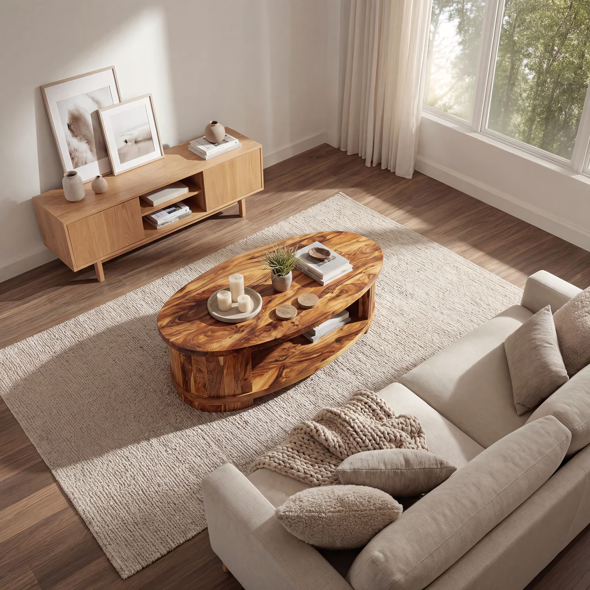 Oval Solid Wood Coffee Table with Shelf