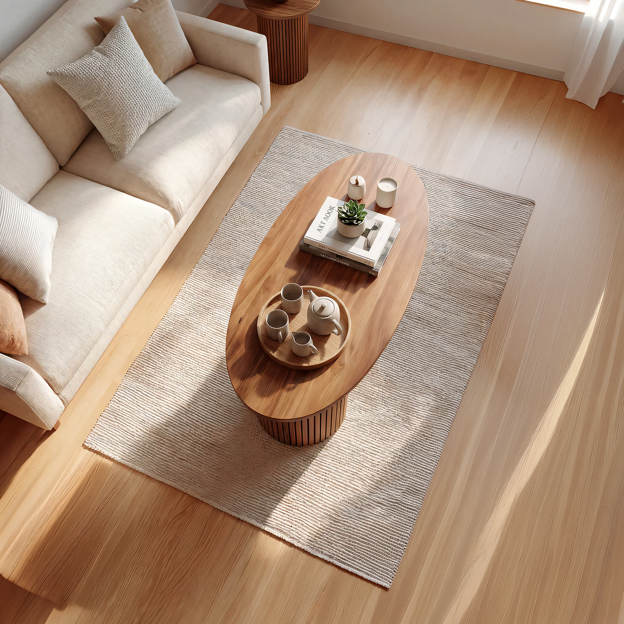 Oval Solid Wood Coffee Table with Fluted Base