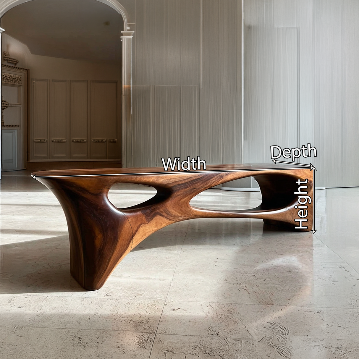 Abstract Sculptural Solid Wood Bench with Organic Cut-Out Design
