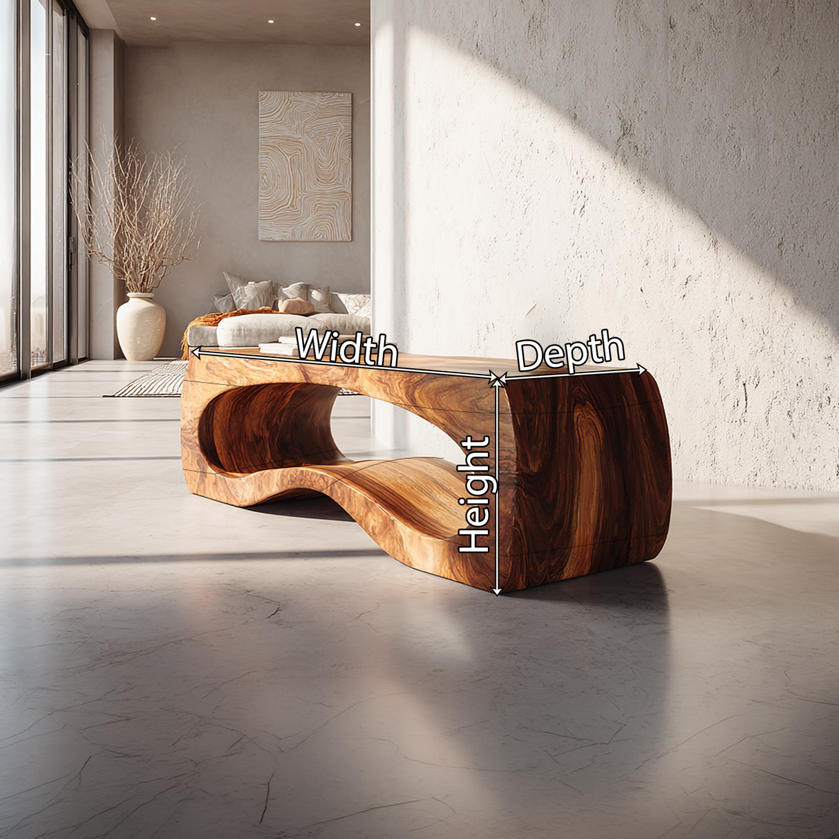 Organic Sculptural Solid Wood Bench with Curved Hollow Base