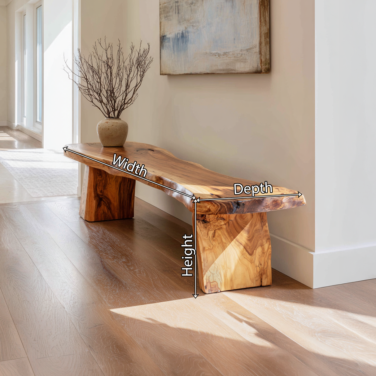 Natural Live Edge Wood Bench Handcrafted Organic Modern Hallway Seat