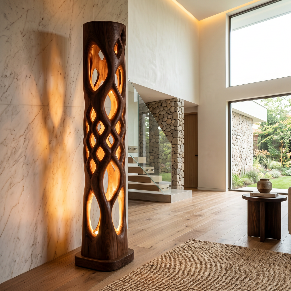 Solid Wood Column Floor Lamp with Lattice Cutout Design and Warm Inner Glow