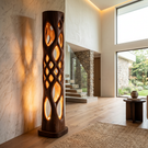 Solid Wood Column Floor Lamp with Lattice Cutout Design and Warm Inner Glow